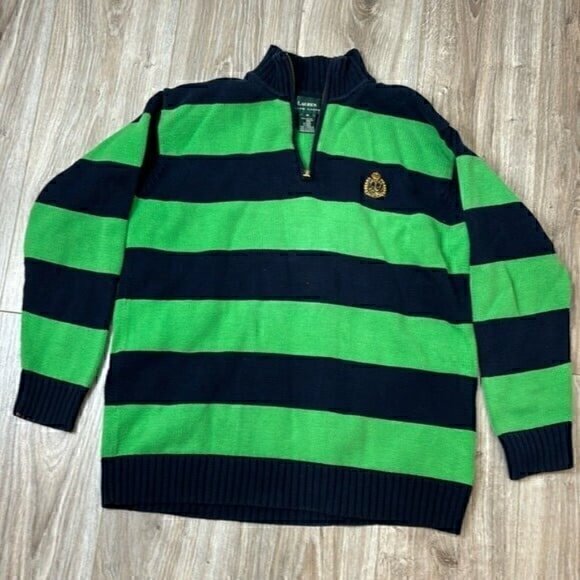 Lauren Ralph Lauren green and blue stripped 1/4 zip women sweater size Medium - Picture 1 of 8